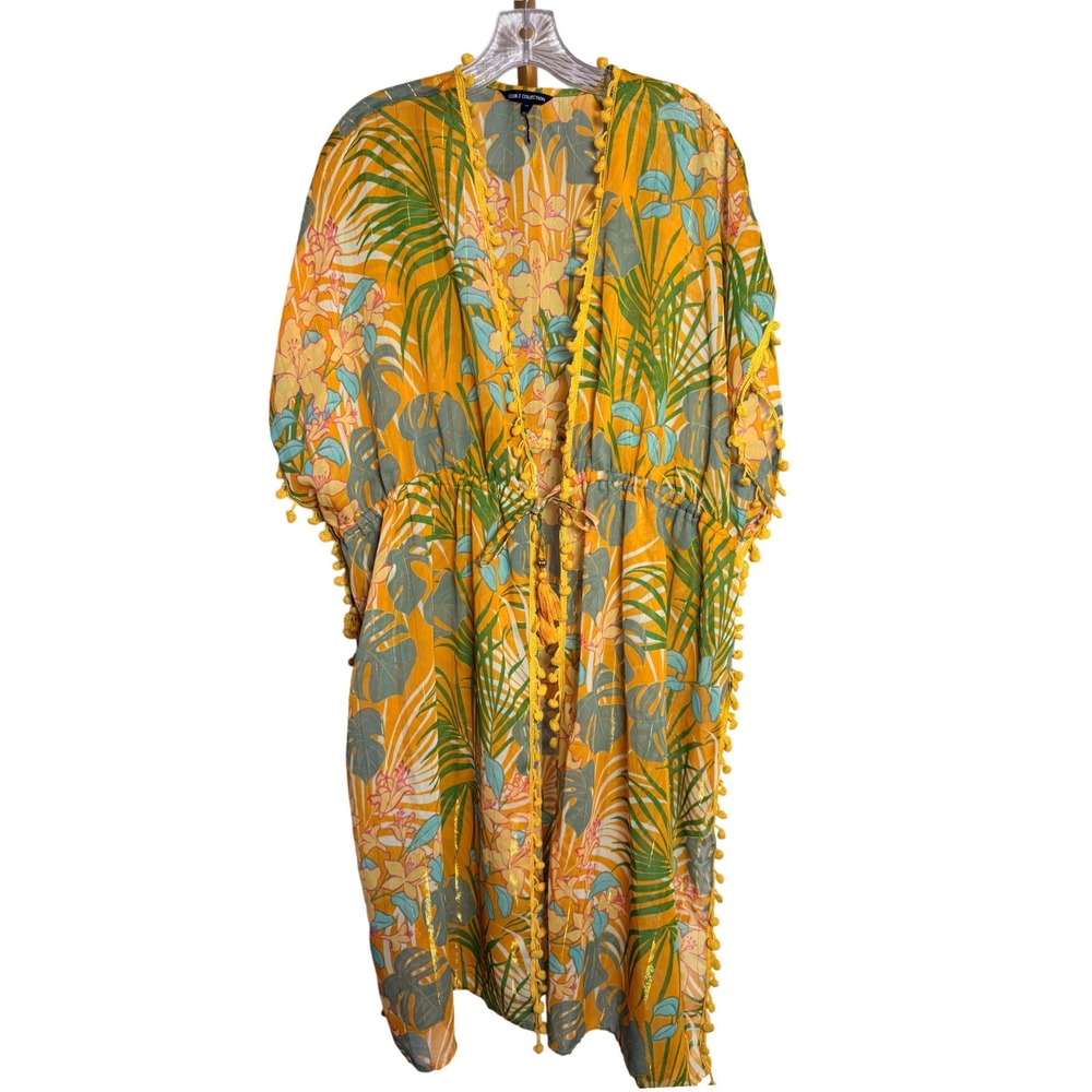 Club Z Collection Tropical Palm Leaf Kimono CoverUp XL Yellow PomPom Tassel Boho